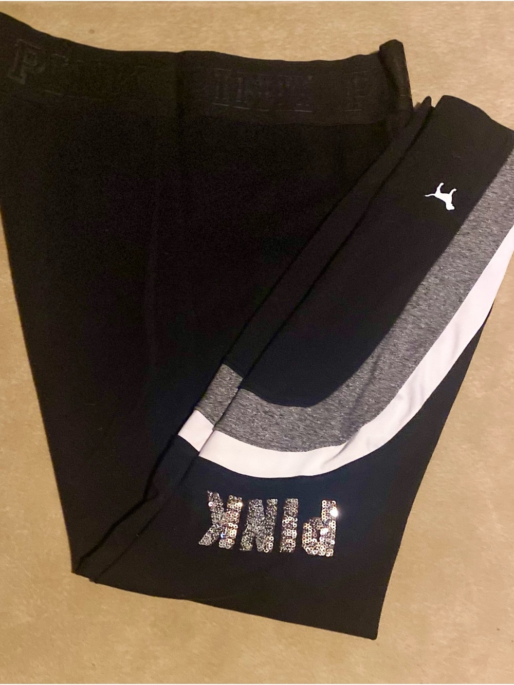 PINK Victoria's Secret Black Active Leggings with Contrast Stripe & Sequin Logo